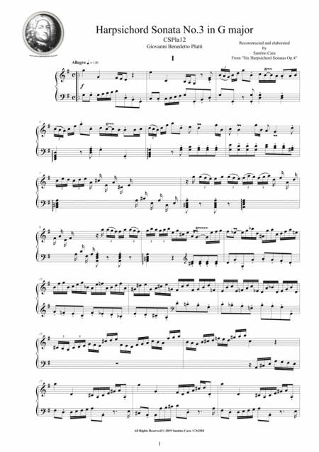 Platti Harpsichord Or Piano Sonata No 3 In G Major Op 4 Cspla12 Sheet Music