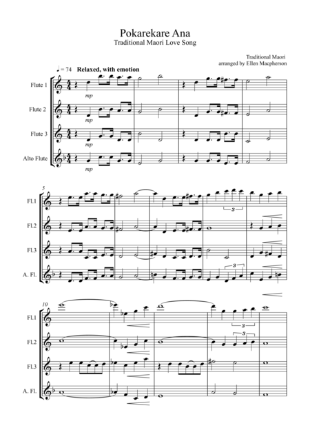 Pokarekare Ana For Flute Quartet 3 Concert Flutes 1 Alto Flute Sheet Music