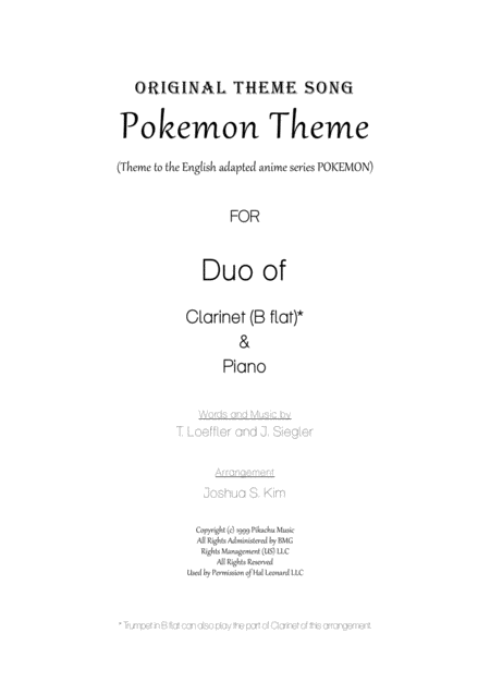 Free Sheet Music Pokemon Theme For Duo B Flat Clarinet Piano