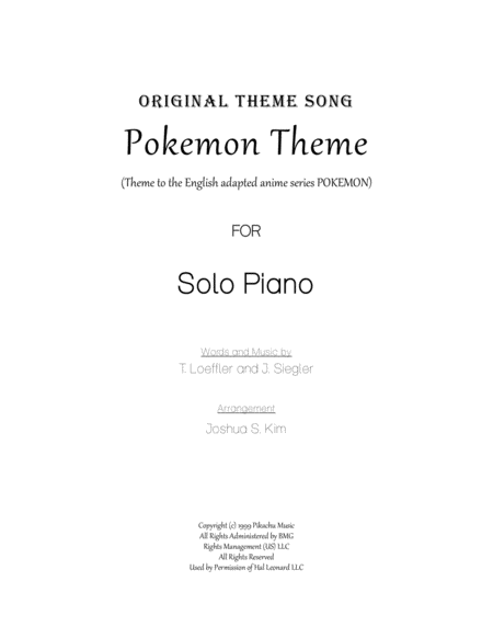 Pokemon Theme For Solo Piano Sheet Music