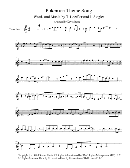 Pokemon Theme Song Tenor Sax Sheet Music