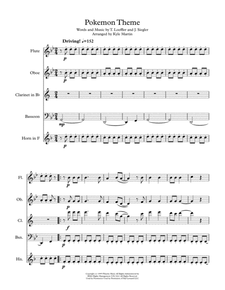 Pokemon Theme Wind Quintet Sheet Music