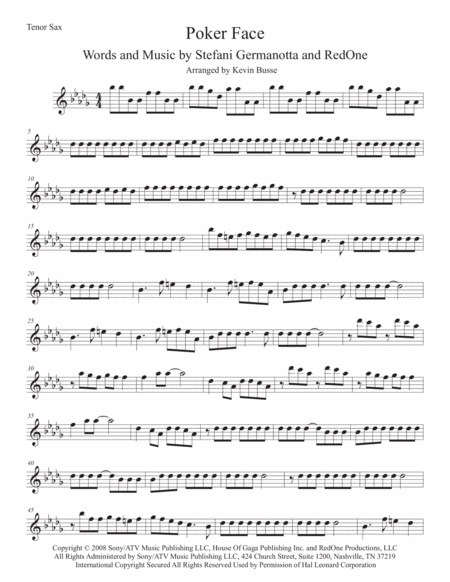 Free Sheet Music Poker Face Original Key Tenor Sax