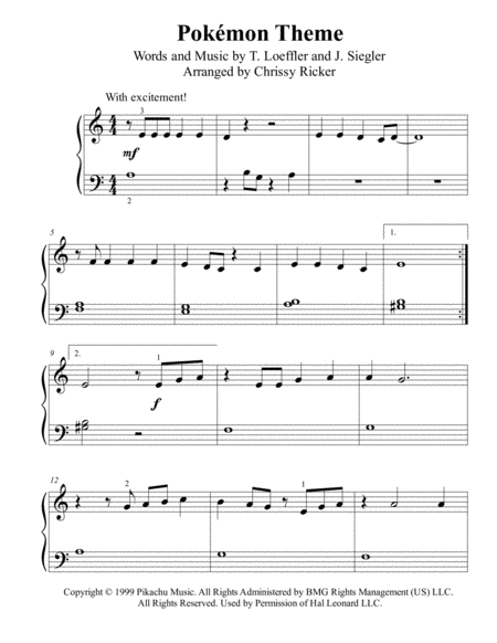 Pokmon Theme Beginner Big Note Piano Sheet Music