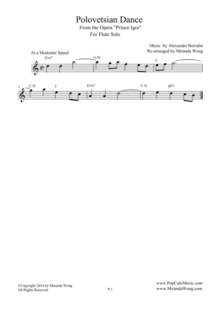 Polovetsian Dances From Prince Igor Lead Sheet For Flute Or Oboe Solo Sheet Music