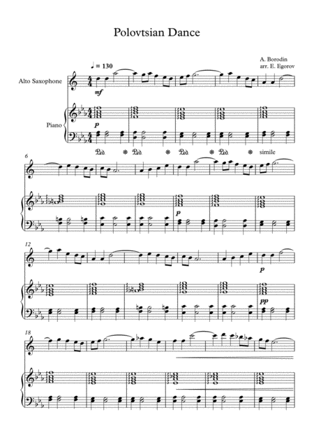 Free Sheet Music Polovtsian Dance Alexander Borodin For Alto Saxophone Piano