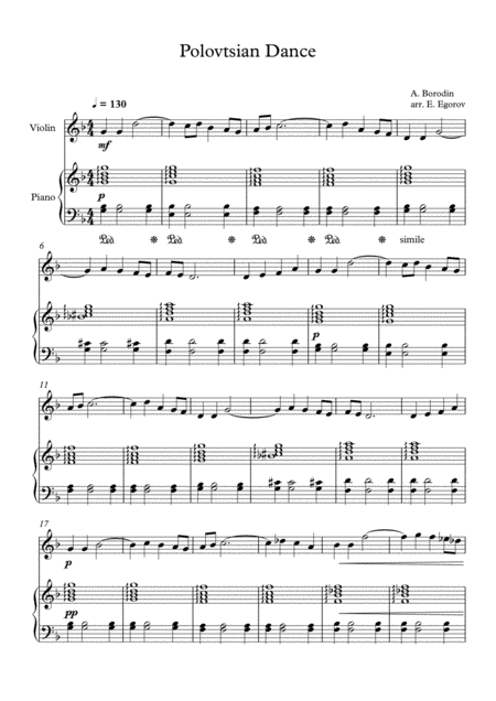 Polovtsian Dance Alexander Borodin For Violin Piano Sheet Music