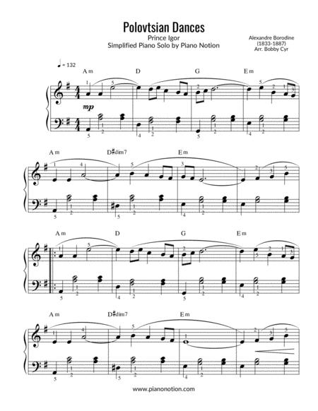 Polovtsian Dances Prince Igor Simplified Piano Solo Sheet Music