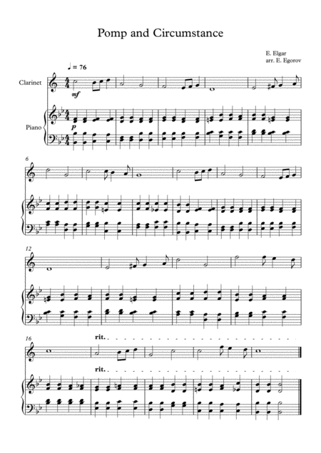 Pomp And Circumstance Edward Elgar For Clarinet Piano Sheet Music