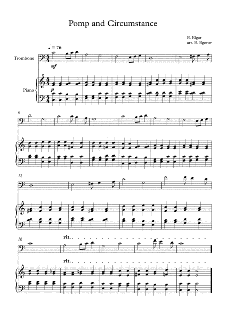 Pomp And Circumstance Edward Elgar For Trombone Piano Sheet Music