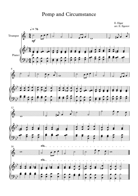 Free Sheet Music Pomp And Circumstance Edward Elgar For Trumpet Piano