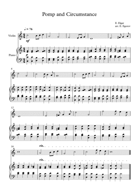 Free Sheet Music Pomp And Circumstance Edward Elgar For Violin Piano