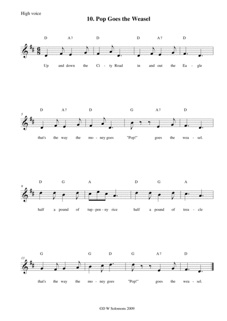 Free Sheet Music Pop Goes The Weasel Arranged For High Voice Medium Voice Or Low Voice With Guitar Chord Accompaniments