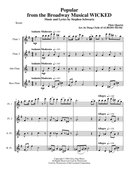 Popular From The Broadway Musical Wicked For Flute Quartet Sheet Music