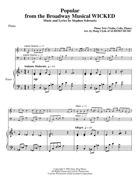 Popular From The Broadway Musical Wicked For Piano Trio Sheet Music