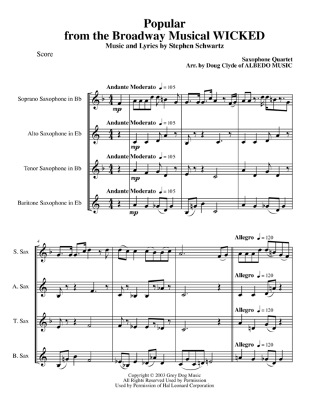 Popular From The Broadway Musical Wicked For Saxophone Quartet Sheet Music