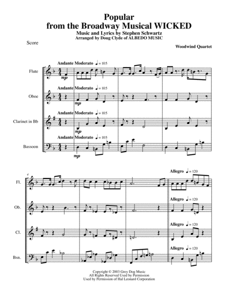 Popular From The Broadway Musical Wicked For Woodwind Quartet Sheet Music