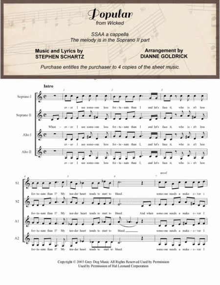 Popular From Wicked Ssaa A Cappella Sheet Music