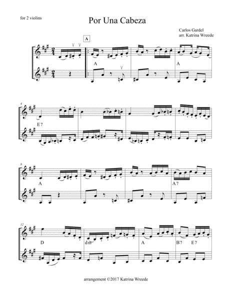 Por Una Cabeza For Two Violins Sheet Music