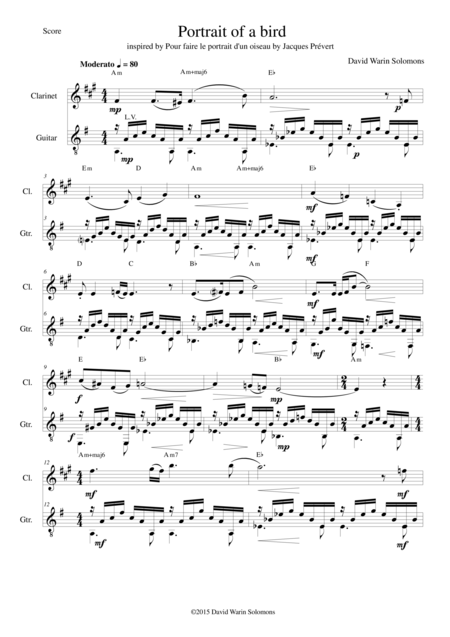 Free Sheet Music Portrait Of A Bird For Clarinet And Guitar