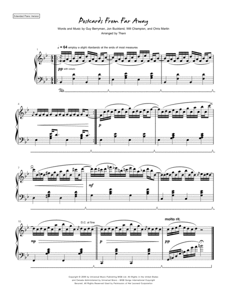 Postcards From Far Away Extended Piano Version Sheet Music