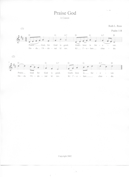 Free Sheet Music Praise God Hodu L Adonai