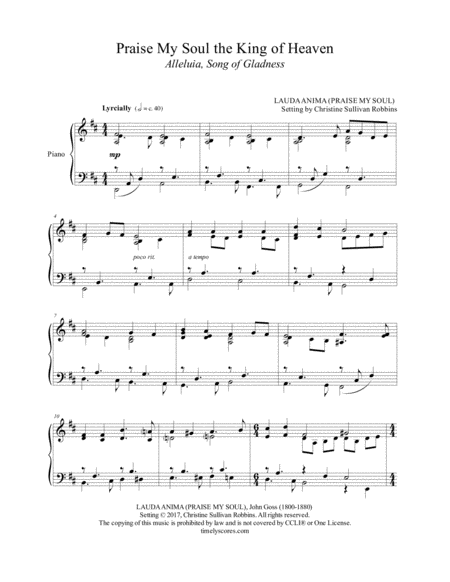 Free Sheet Music Praise My Soul The King Of Heaven Alleluia Song Of Gladness