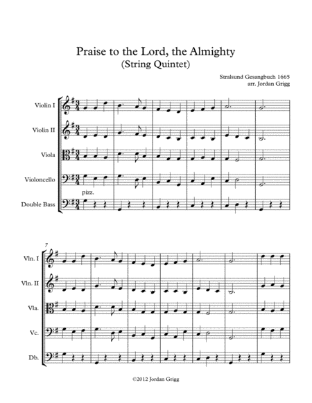 Praise To The Lord The Almighty String Quintet Sheet Music