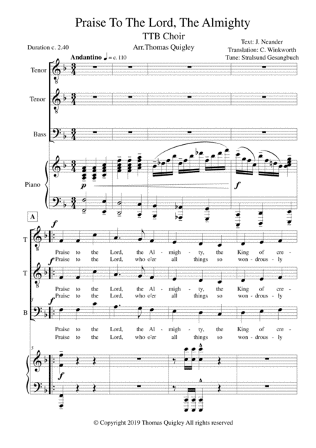 Free Sheet Music Praise To The Lord The Almighty