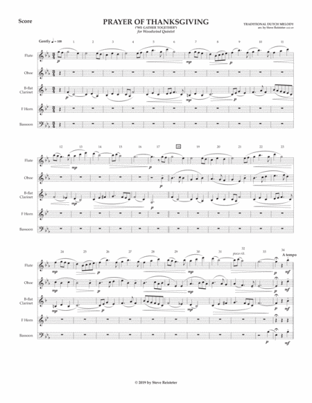 Prayer Of Thanksgiving For Woodwind Quintet Arr Reisteter Sheet Music