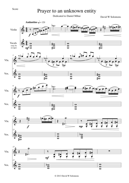 Free Sheet Music Prayer To An Unknown Entity For Violin And Choral Backing