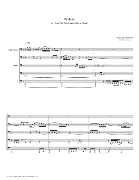 Prelude 01 From Well Tempered Clavier Book 2 Euphonium Tuba Quintet Sheet Music