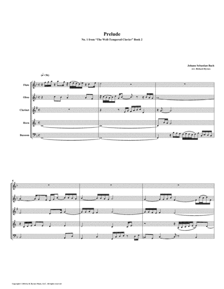 Prelude 01 From Well Tempered Clavier Book 2 Woodwind Quintet Sheet Music