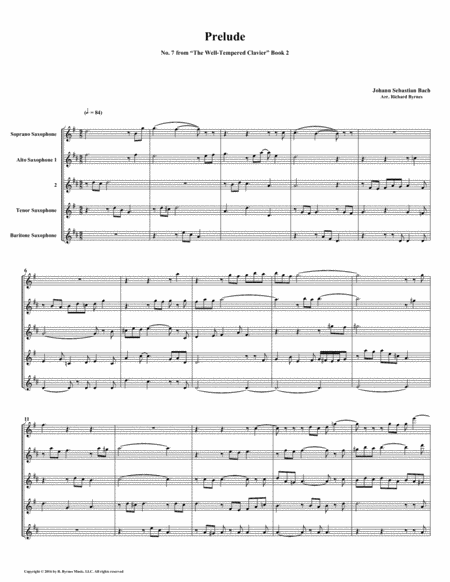 Free Sheet Music Prelude 07 From Well Tempered Clavier Book 2 Saxophone Quintet