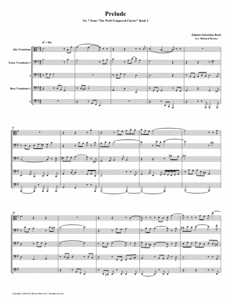 Prelude 07 From Well Tempered Clavier Book 2 Trombone Quintet Sheet Music