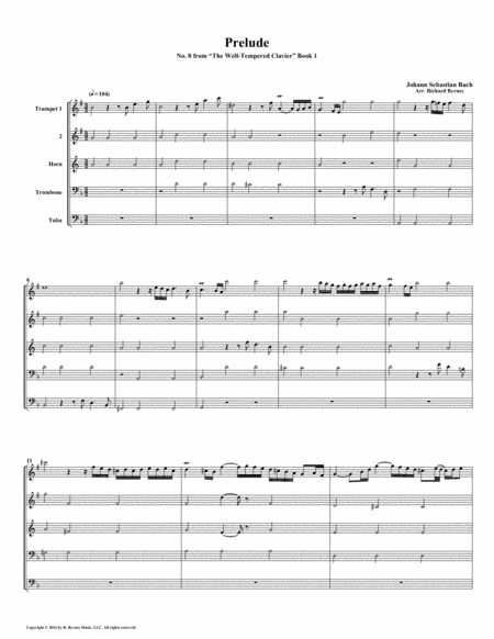 Free Sheet Music Prelude 08 From Well Tempered Clavier Book 1 Brass Quintet