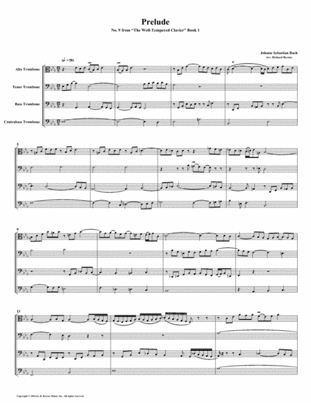 Prelude 09 From Well Tempered Clavier Book 1 Trombone Quartet Sheet Music