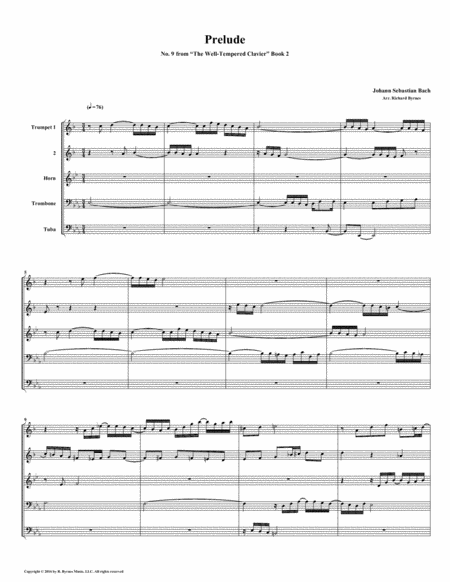 Prelude 09 From Well Tempered Clavier Book 2 Brass Quintet Sheet Music