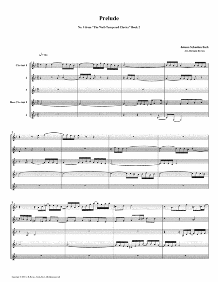 Prelude 09 From Well Tempered Clavier Book 2 Clarinet Quintet Sheet Music