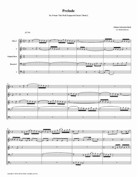 Prelude 09 From Well Tempered Clavier Book 2 Double Reed Quintet Sheet Music