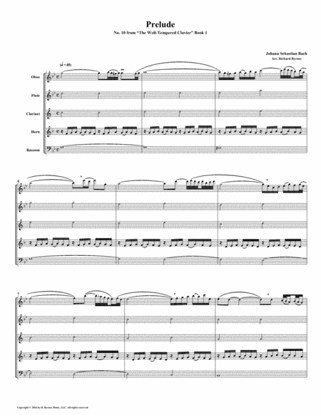 Prelude 10 From Well Tempered Clavier Book 1 Woodwind Quintet Sheet Music