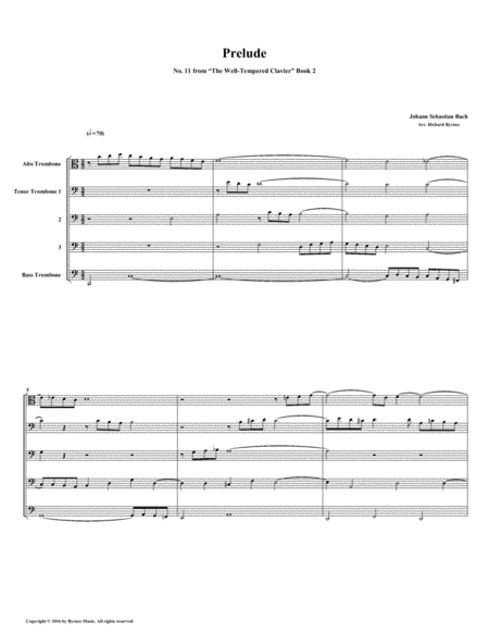 Prelude 11 From Well Tempered Clavier Book 2 Trombone Quintet Sheet Music