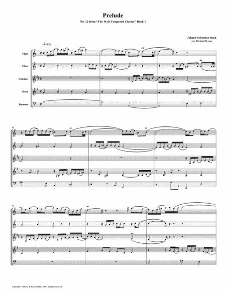 Prelude 12 From Well Tempered Clavier Book 1 Woodwind Quintet Sheet Music