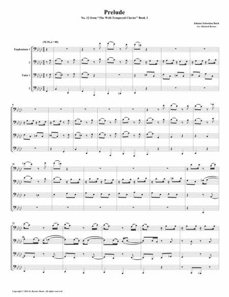 Prelude 12 From Well Tempered Clavier Book 2 By Js Bach Euphonium Tuba Quartet Sheet Music