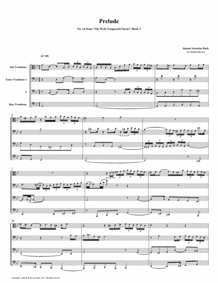 Prelude 14 From Well Tempered Clavier Book 2 Trombone Quartet Sheet Music