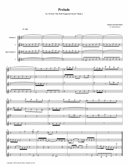 Prelude 15 From Well Tempered Clavier Book 2 Clarinet Quartet Sheet Music