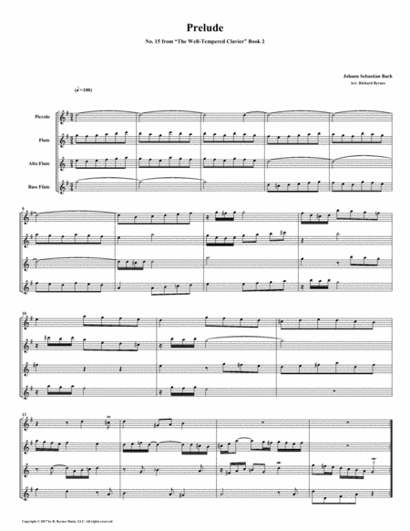 Free Sheet Music Prelude 15 From Well Tempered Clavier Book 2 Flute Quartet