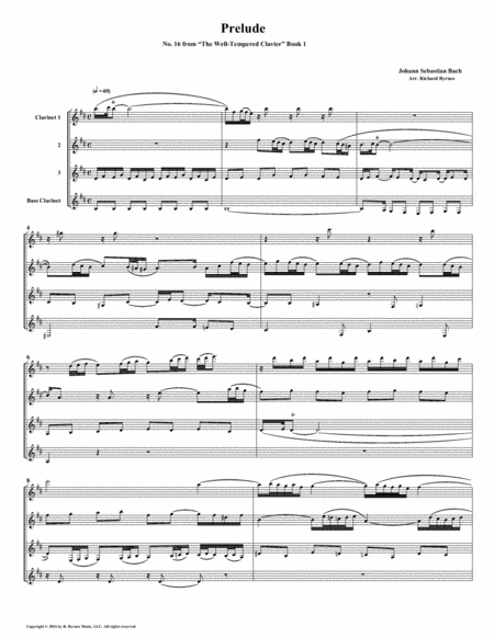 Prelude 16 From Well Tempered Clavier Book 1 Clarinet Quartet Sheet Music