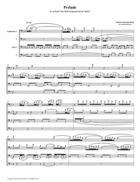Prelude 16 From Well Tempered Clavier Book 1 Euphonium Tuba Quartet Sheet Music