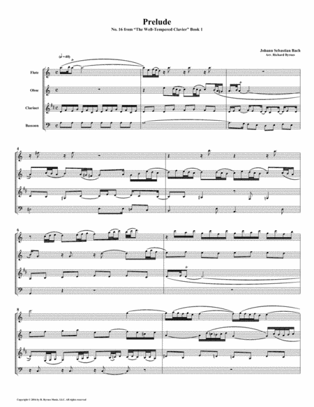 Prelude 16 From Well Tempered Clavier Book 1 Woodwind Quartet Sheet Music